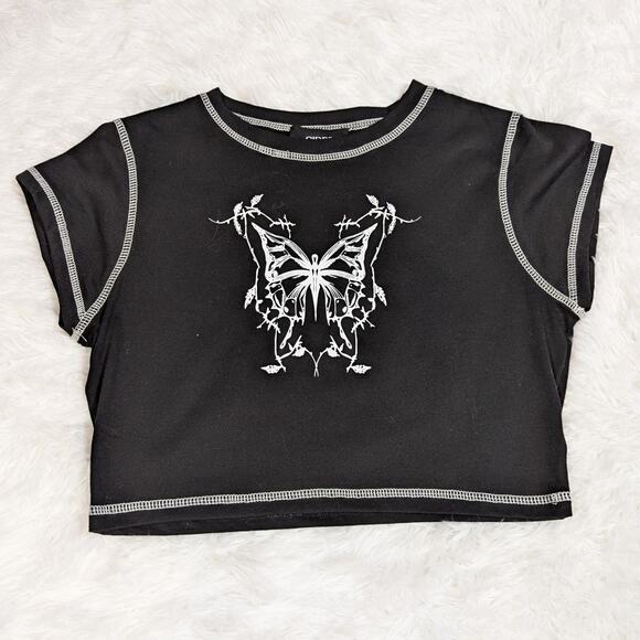 Cider Short Sleeve Cropped Butterfly T-Shirt Black and White Size M - Picture 7 of 13